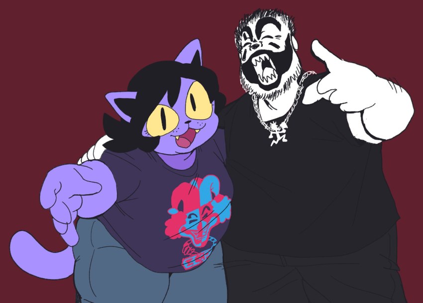 anthro black_eyes celebrity duo fangs female fur male purple_body purple_fur red_background simple_background teeth yellow_sclera anarchoblues insane_clown_posse real_world undertale_(series) catty_(undertale) violent_j domestic_cat felid feline felis human mammal 2023 hi_res