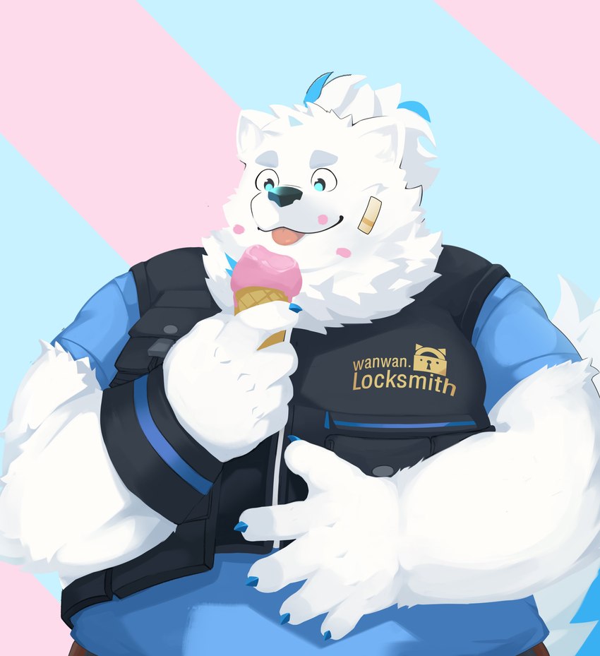 anthro bandage bandage_on_face belly blue_clothing clothing dessert eyebrows food fur ice_cream ice_cream_cone licking male overweight overweight_male shirt solo t-shirt thick_eyebrows tongue tongue_out topwear vest white_body white_fur pel0403 lifewonders live_a_hero yohack canid canine canis domestic_dog mammal nordic_sled_dog samoyed spitz absurd_res hi_res