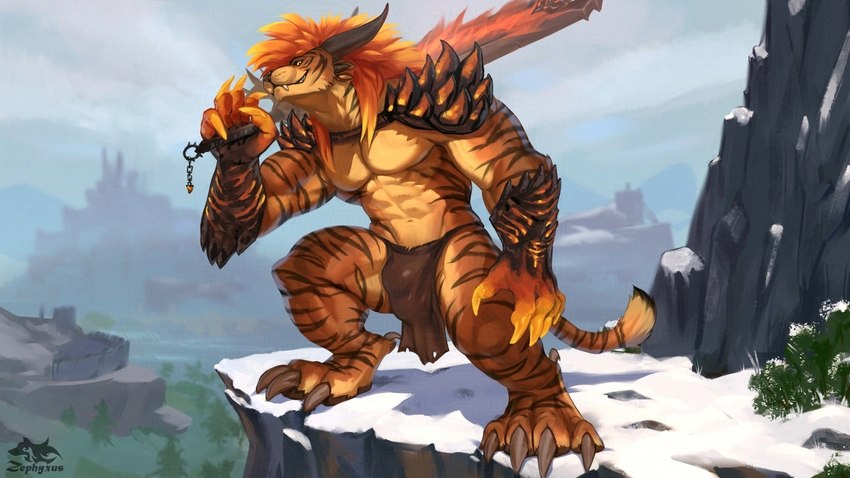 4_horns anthro armor biped bottomwear brown_body brown_fur bulge claws clothing detailed_background detailed_bulge digitigrade finger_claws fur gauntlets gloves hair handwear holding_melee_weapon holding_object holding_sword holding_weapon horn loincloth looking_at_viewer male male_anthro melee_weapon multi_horn orange_hair outside pauldron paws smile smiling_at_viewer solo striped_body striped_fur stripes sword tail tail_tuft tan_body tan_fur toe_claws tuft unconvincing_armor weapon zephyxus guild_wars charr felid mammal 16:9 2025 digital_media_(artwork) widescreen