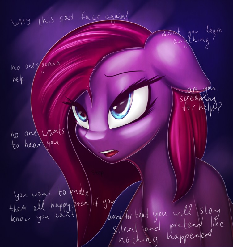 blue_eyes depressing depression female feral hair open_mouth pink_hair solo teeth text elzzombie friendship_is_magic hasbro my_little_pony pinkamena_(mlp) pinkamena_diane_pie pinkie_pie_(mlp) earth_pony equid equine horse mammal pony 2016 english_text