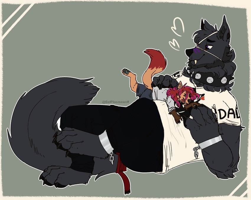 anthro collar cuff_(restraint) duo eye_patch eyewear female fur handcuffs male male/female metal_cuffs overweight restraints size_difference slightly_chubby belplasmawolf shadow_von_wolfkin canid canine canis mammal wolf hi_res