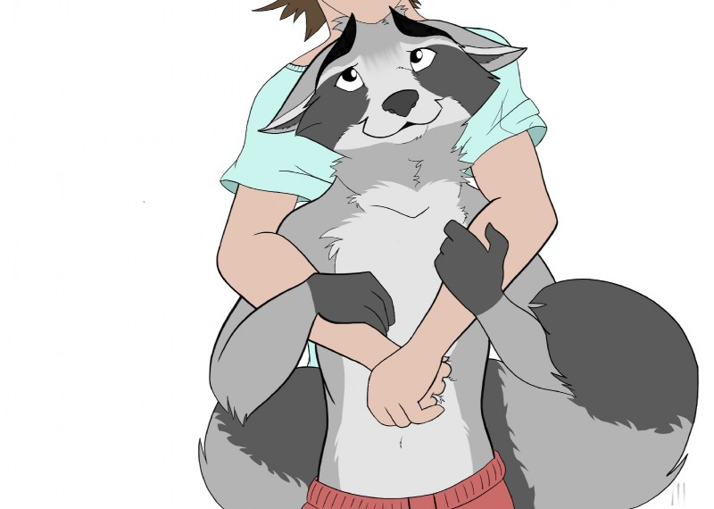 ambiguous_gender anthro clothed clothing duo fur grey_body grey_fur happy hug human_on_anthro interspecies male male/ambiguous shirt smile topless topwear duzt guardians_of_the_galaxy marvel rocket_raccoon human mammal procyonid raccoon hi_res