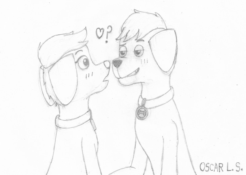 anthro blush collar duo female male simple_background young young_anthro marothedarkrabbit_(artist) paw_patrol ella_(paw_patrol) tuck_(paw_patrol) bird_dog canid canine canis domestic_dog golden_retriever hunting_dog mammal retriever hi_res sketch traditional_media_(artwork) brother_(lore) brother_and_sister_(lore) sibling_(lore) sister_(lore)