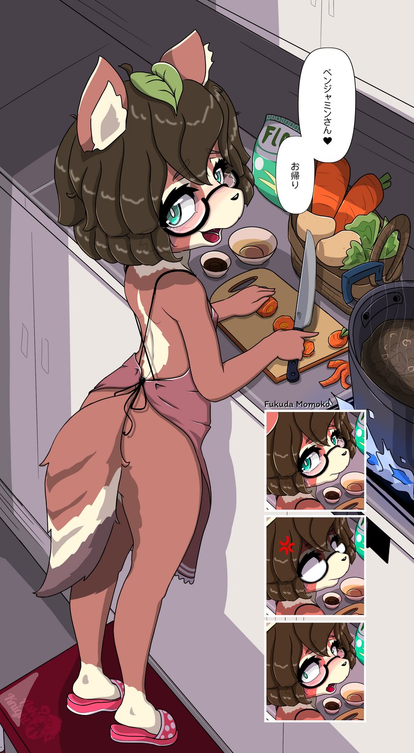 anthro apron apron_only blush brown_body brown_fur clothing cooking eyewear female fur glasses green_eyes hair kitchen kitchen_utensils looking_at_viewer mostly_nude nude open_mouth short_hair smile solo tanuki_leaf text tools young young_female askknight momoko_(character) canid canine mammal raccoon_dog tanuki absurd_res digital_media_(artwork) hi_res japanese_text