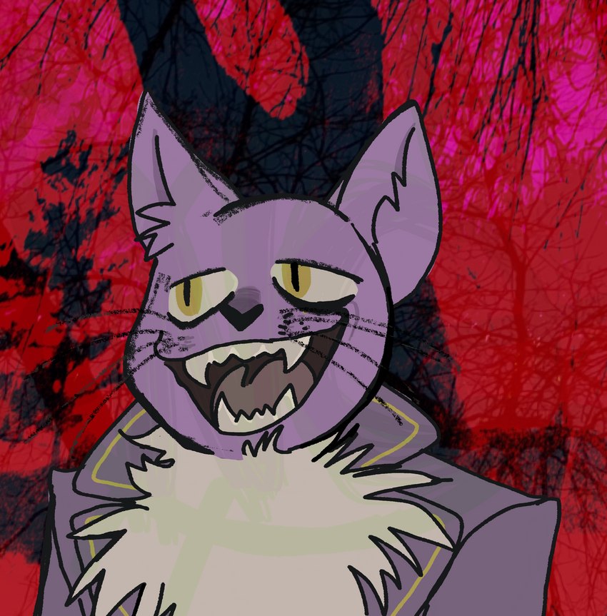 anthro anthrofied double_breasted_suit feline_ears fur purple_body purple_fur red_background simple_background solo yellow_eyes nastycat fear_and_hunger pocketcat_(fear_&_hunger) animal_humanoid domestic_cat felid felid_humanoid feline felis humanoid mammal mammal_humanoid hi_res