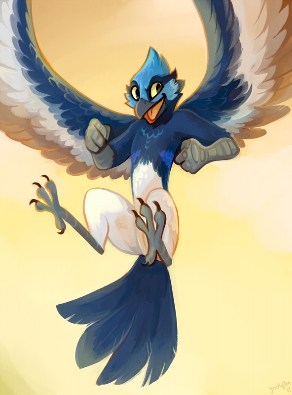 4_toes anisodactyl anthro feathers feet fist flying looking_at_viewer male open_mouth sky tail tail_feathers toes wings geckozen tallow avian bird fairywren humanoid malurid oscine passerine superb_fairywren hi_res