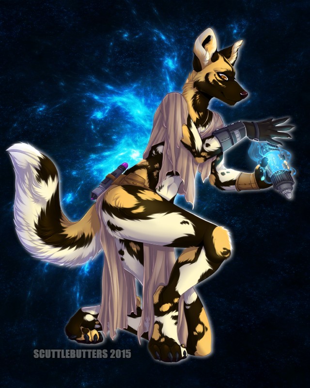 abstract_background anthro biped bottomwear clothed clothing digitigrade female fur kneeling lightsaber loincloth melee_weapon on_one_knee skimpy solo weapon scuttlebutters star_wars african_wild_dog canid canine mammal 4:5 hi_res