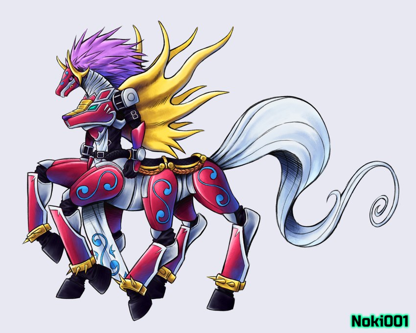 6_legs ambiguous_gender armor belt fabric feral hair hooves long_tail markings purple_hair simple_background solo spikes standing tail white_background noki001 bandai_namco digimon digimon_(species) kentaurosmon hi_res