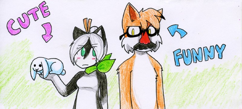 anthro bci_commission directional_arrow domestic_pet duo_focus female feral group humor male silly simple_background standing white_background taeshi_(artist) bittersweet_candy_bowl jasmine_(bcb) paulo_(bcb) domestic_cat felid feline felis lagomorph leporid mammal rabbit somali_cat crayon_(artwork) mixed_media pen_(artwork) traditional_media_(artwork)