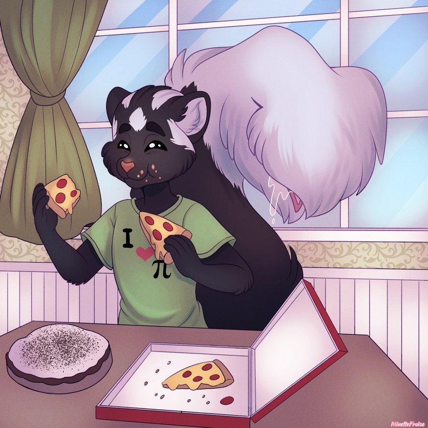 anthro big_tail black_body black_fur bodily_fluids brown_eyes clothing crumbs dessert detailed_background drooling fluffy fluffy_tail food full_mouth fur furniture humor kitchen male multicolored_body multicolored_fur pastry pi pie pizza pun saliva shirt solo table tail tail_mouth tongue topwear two_tone_body two_tone_fur unusual_anatomy unusual_tail white_body white_fur window minettefraise pi_day lemmy_(lemmy_niscuit) mammal mephitid skunk spotted_skunk 1:1 absurd_res hi_res huge_filesize portrait three-quarter_portrait