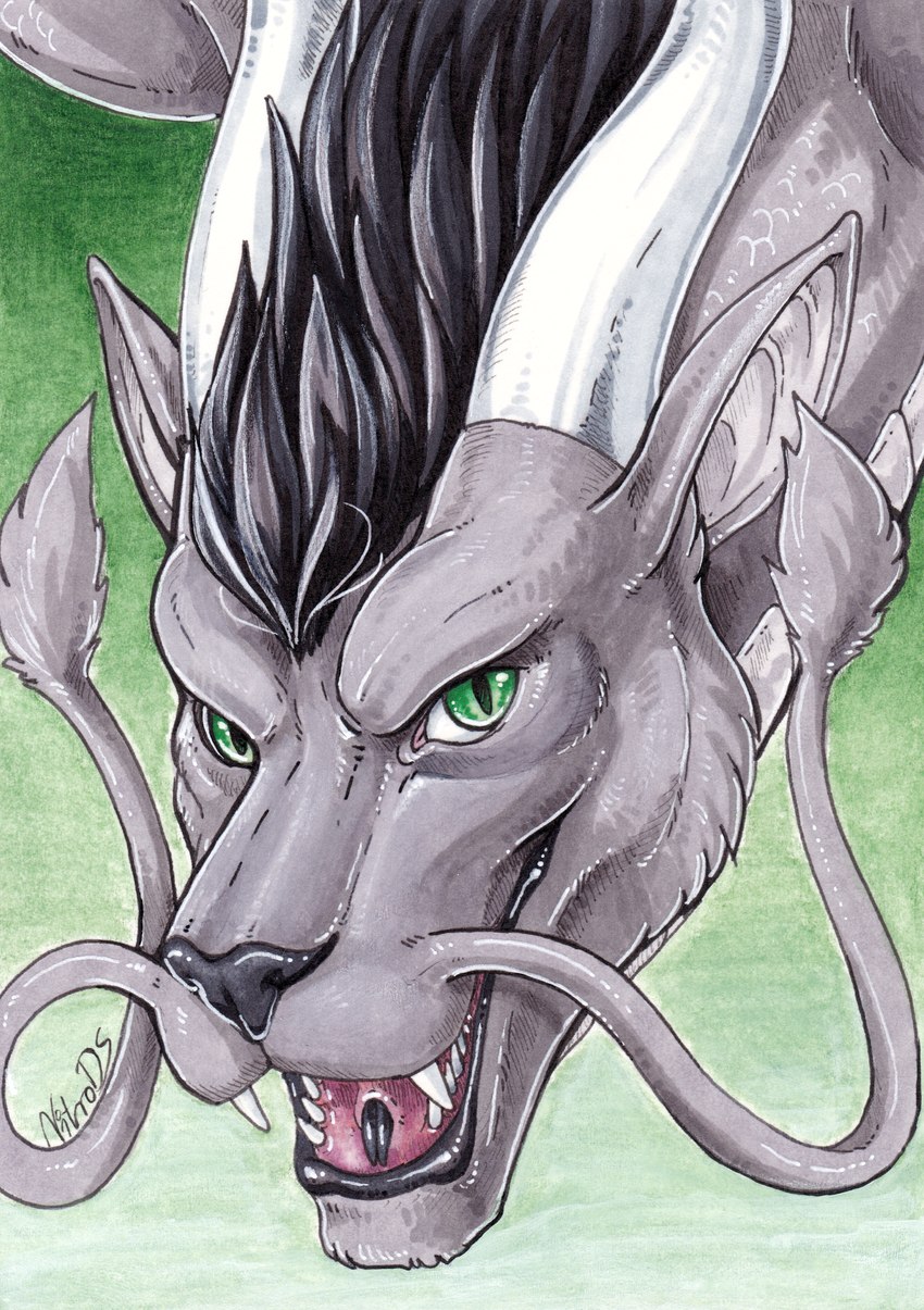 black_body black_fur black_mane feral fur green_eyes horn looking_at_viewer male mane solo teeth white_horn nitrods mythology dragon eastern_dragon furred_dragon furred_scalie mythological_creature mythological_scalie scalie hi_res