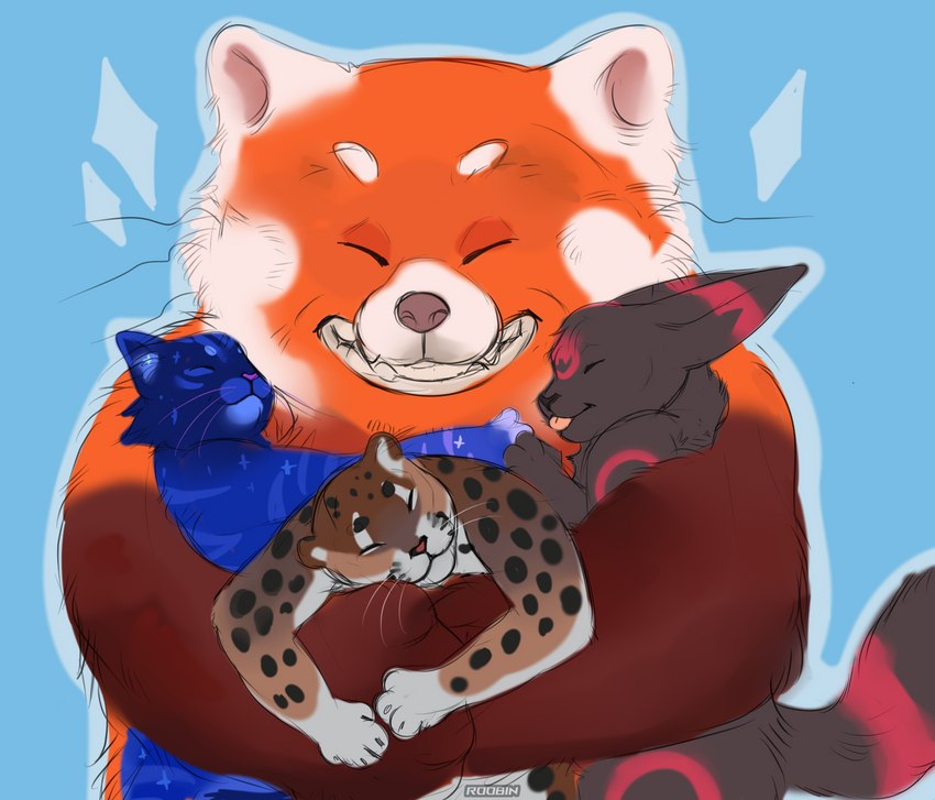 ambiguous_gender anthro black_spots blep blue_background blue_body blue_fur brown_body brown_fur cheek_tuft closed_smile ear_markings eyes_closed facial_tuft front_view fur grey_body grey_fur grin group head_tuft hug markings mouth_closed nude orange_body orange_fur red_markings side_view simple_background smile spots spotted_body spotted_fur striped_arms tail tail_markings text tongue tongue_out tuft whiskers roobin disney nintendo pixar pokemon turning_red meilin_lee_(turning_red) roobin_(character) ailurid eeveelution felid generation_2_pokemon hybrid mammal pokemon_(species) pumapard red_panda umbreon artist_name hi_res female_(lore)