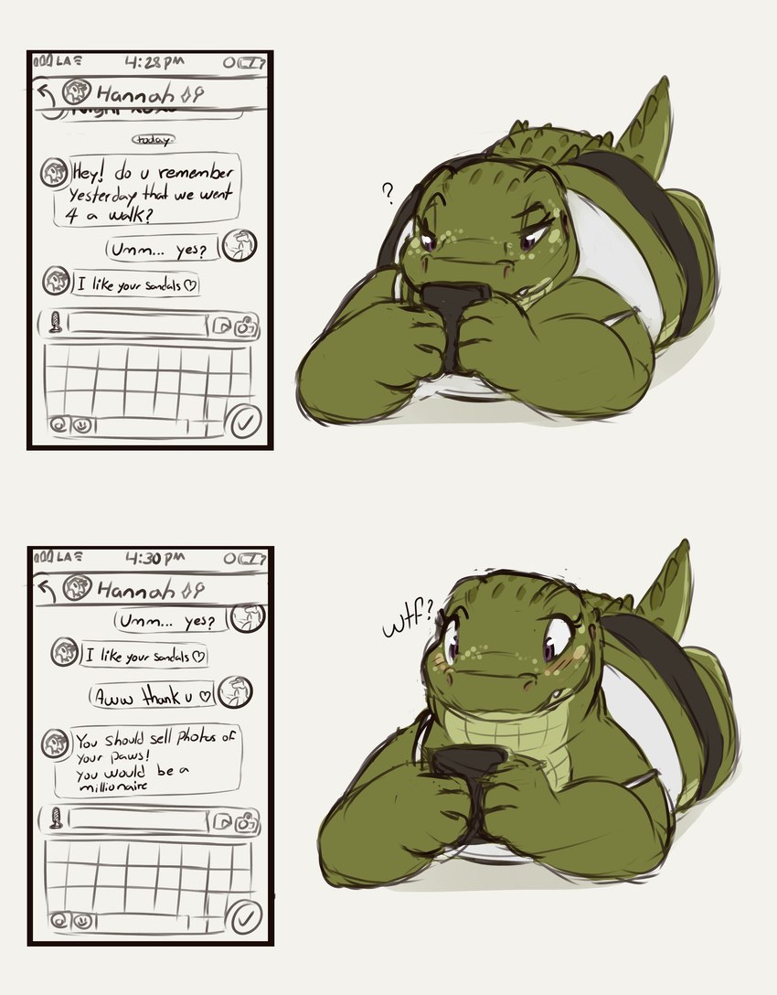 2_panel_comic anthro cellphone clothed clothing electronics female fully_clothed green_body holding_cellphone holding_object holding_phone phone solo text texting louart crocodile crocodilian reptile scalie 2023 absurd_res digital_media_(artwork) english_text hi_res