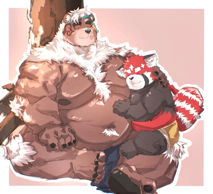 anthro belly big_belly black_body black_nose bottomwear brown_body clothing duo eyes_closed hug kemono loincloth male moobs navel nipples overweight overweight_male simple_background sitting slightly_chubby underwear young okentya lifewonders tokyo_afterschool_summoners kimun_kamui_(tas) zhurong_(tas) ailurid bear mammal red_panda 2024 absurd_res hi_res