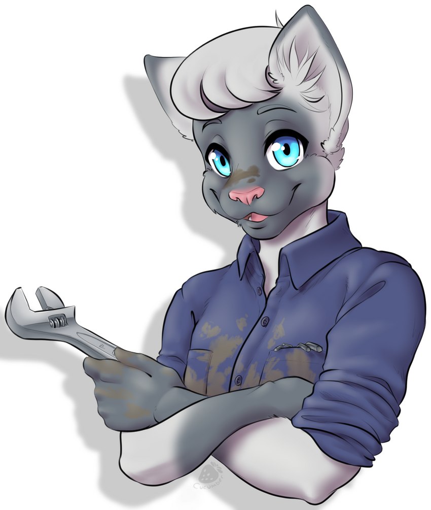 anthro blue_clothing blue_eyes blue_shirt blue_topwear clothing collared_shirt crossed_arms dirty_face dirty_hands dirty_shirt eyebrows fur grey_body grey_fur head_tuft holding_object holding_tool holding_wrench humanoid_hands looking_at_viewer male male_anthro open_mouth open_smile pink_nose pink_tongue rolled_up_sleeves shirt simple_background smile smile_lines solo tongue tools topwear tuft white_background wrench strawberrycucumber catsby_mcyifferson domestic_cat felid feline felis mammal siamese 2020 bust_portrait digital_drawing_(artwork) digital_media_(artwork) hi_res portrait shaded soft_shading