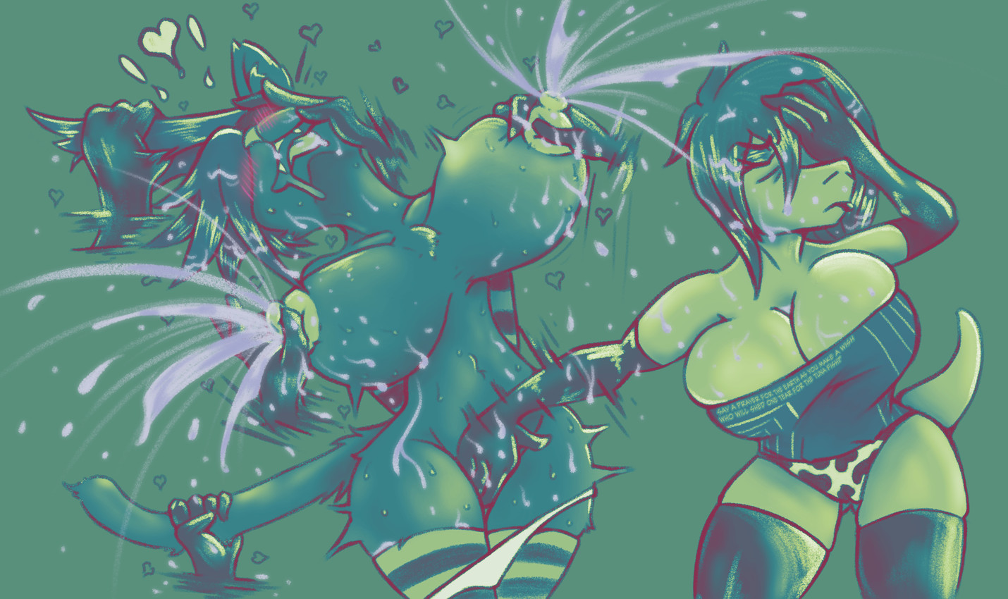 animal_print annoyed anthro big_breasts blush blush_lines bodily_fluids breast_grab breast_play breasts clothing cow_print cow_print_panties disembodied_hand drooling duo excessive_lactation eyeshadow female female/female fingering gloves hair half-shaved_head hand_on_breast hand_on_head hands_behind_back handwear huge_breasts knock-kneed lactating latex latex_clothing latex_gloves latex_handwear latex_legwear latex_thigh_highs legwear lipstick makeup milk nipple_fetish nipple_pinch nipple_play nipples one_eye_obstructed pattern_clothing pattern_gloves pattern_handwear pattern_legwear pinch print_clothing print_shirt print_t-shirt print_topwear pulling_hair saliva shirt standing striped_clothing striped_gloves striped_handwear striped_legwear stripes t-shirt tail tail_pull thigh_highs topwear touching_hair vaginal vaginal_fingering alithia milla_(alithia) pave_(alithia) domestic_cat felid feline felis lizard mammal reptile russian_blue scalie hi_res