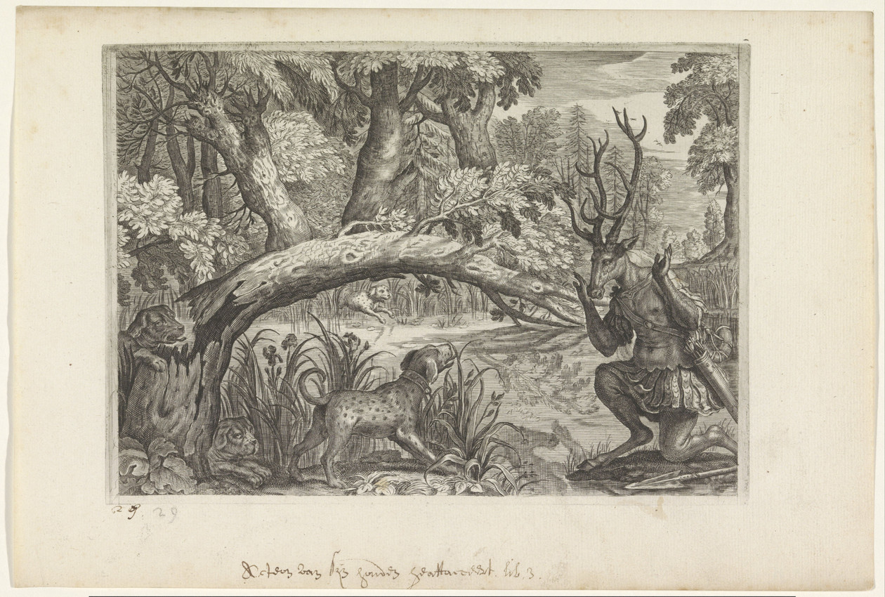 2_horns ambiguous_feral ambiguous_gender anthro antlers arrow_(weapon) biped bottomwear clothed clothed_anthro clothed_male clothing cloven_hooves collar detailed_background digitigrade feral forest forest_background grass group hooves horn humanoid_hands imminent_danger kneeling male male_anthro markings nature nature_background navel nipples plant predator/prey print_(medium) quadruped quiver_(object) ranged_weapon spots spotted_body tail text tongue tongue_out tree unguligrade weapon crispijn_van_de_passe_(ii) european_mythology greek_mythology metamorphoses_(poem) mythology public_domain actaeon canid canine canis deer domestic_dog mammal 17th_century absurd_res ancient_art description_check description_request dutch_description dutch_text hatching_(art) hi_res monochrome shaded traditional_media_(artwork) translated_description translation_request