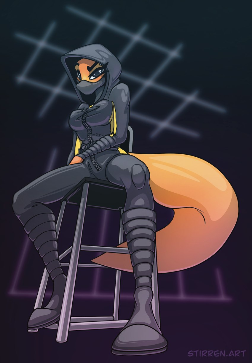 anthro bodysuit boots chair clothing female footwear furniture hood hooded_suit looking_at_viewer looking_down low-angle_view mask on_chair pose shoes sitting sitting_on_chair skinsuit solo tight_clothing unimpressed upward_angle zipper stirren dreamworks the_bad_guys diane_foxington canid canine fox mammal hi_res pinup