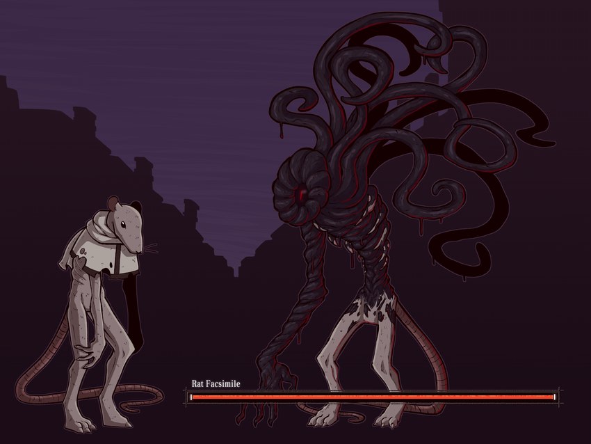 4_fingers anthro beady_eyes biped black_body black_sclera claws digitigrade duo emaciated featureless_crotch finger_claws fingers fur gameplay_mechanics grey_body grey_fur gui health_bar male paws pupils red_pupils rib_cage slit_pupils tail tentacles text whiskers whygena reggie_(whygena) hybrid mammal monster murid murine rat rodent tentacle_creature 2024 4:3 digital_media_(artwork) english_text hi_res shaded