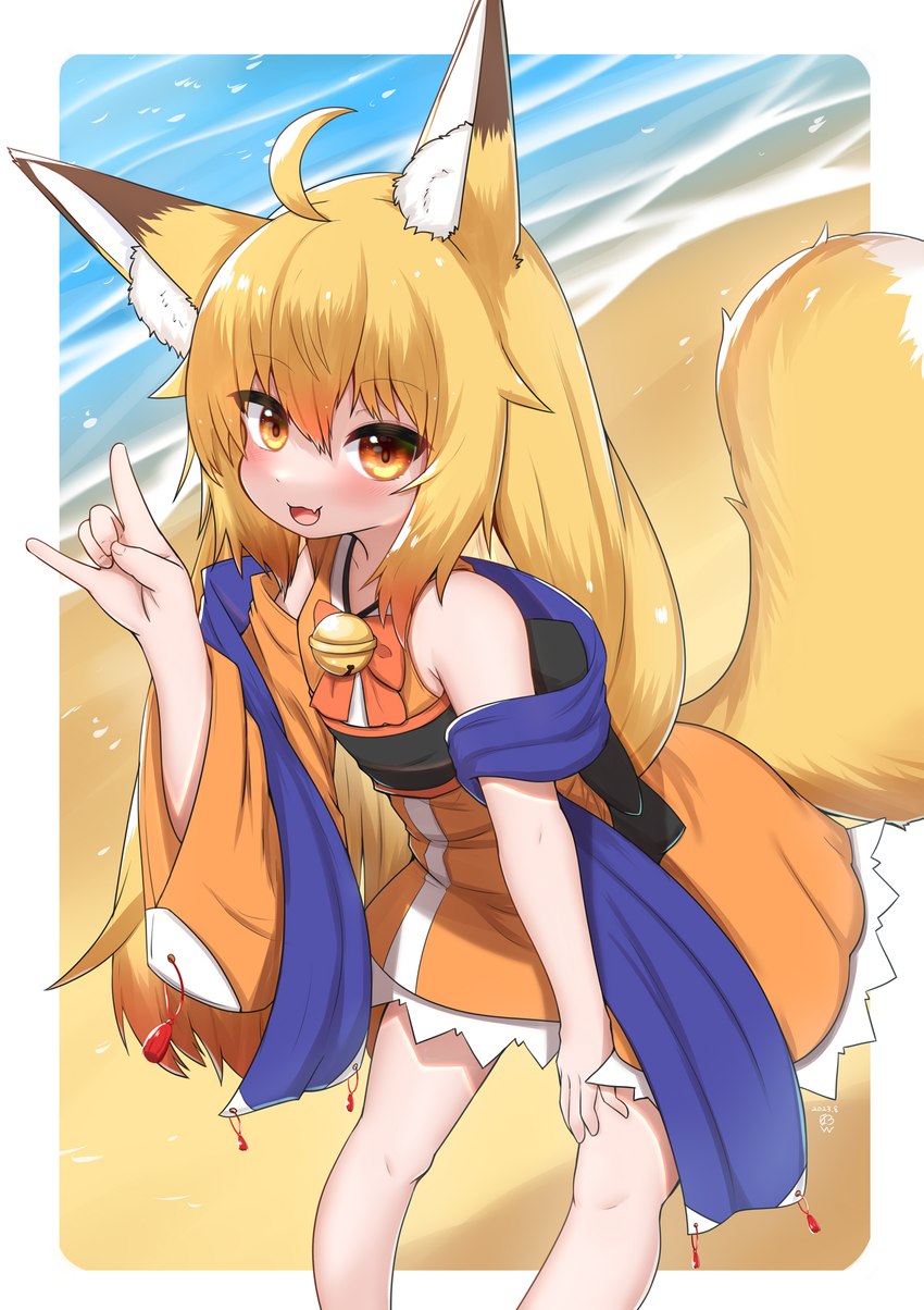 alternate_species amber_eyes asian_clothing bare_shoulders beach bell_bow biped blonde_hair blush border clothing clothing_bow dipstick_ears dress ear_markings east_asian_clothing female fingernails flat_chested fluffy fluffy_tail fox_hand_sign gesture hair hand_gesture hand_on_leg hand_on_thigh high-angle_view humanoidized inner_ear_fluff japanese_clothing leaning leaning_forward light_body light_skin long_hair looking_at_viewer markings multicolored_ears nails obi one_sleeve_top open_mouth orange_clothing orange_dress sand seaside shawl solo tail tuft water white_border wide_sleeves horokusa0519 animal_humanoid canid canid_humanoid canine canine_humanoid fox_humanoid humanoid mammal mammal_humanoid hi_res