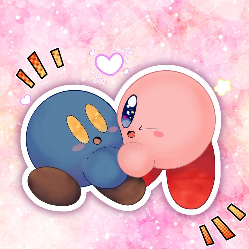 ambiguous_gender blue_body blue_eyes blush duo heart_symbol outline pink_background pink_body simple_background white_outline yellow_eyes hoshi_kodomo hal_laboratory kirby_(series) nintendo kirby meta_knight waddling_head 1:1 colored digital_drawing_(artwork) digital_media_(artwork) english_description hi_res