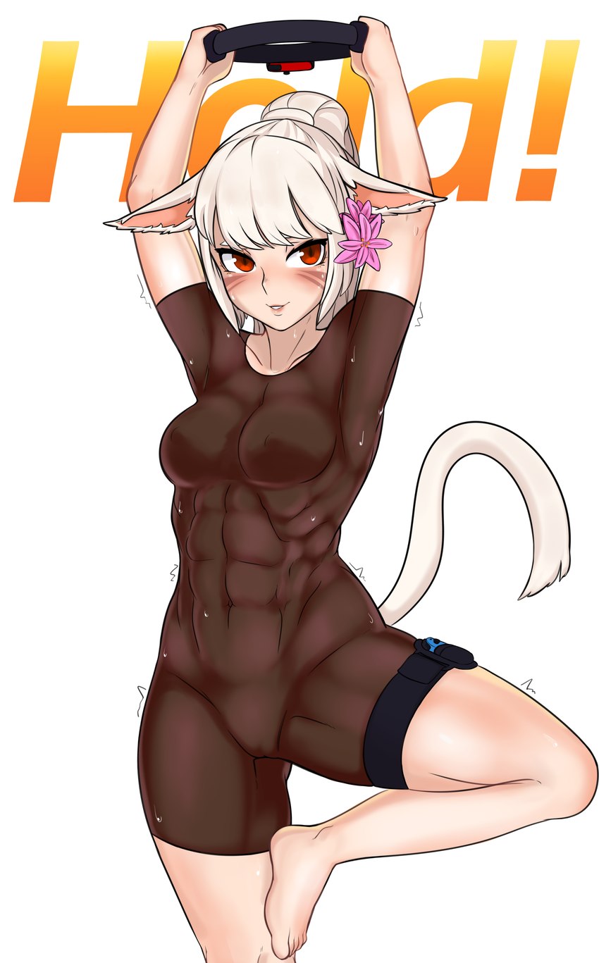 abs accessory animal_ears animal_tail bodily_fluids bodysuit breasts brown_bodysuit brown_clothing brown_skinsuit clothing exercise eyelashes facial_markings female flower flower_in_hair fur hair hair_accessory head_markings looking_at_viewer markings muscular muscular_female on_one_leg orange_eyes plant ponytail raised_arms short_hair simple_background skinsuit solo standing sweat sweatdrop tan_body tan_skin text thick_thighs tight_clothing white_background white_body white_fur wide_hips workout shnibbles final_fantasy final_fantasy_xiv nintendo ring_fit_adventure square_enix animal_humanoid cat_humanoid felid felid_humanoid feline feline_humanoid humanoid mammal mammal_humanoid miqo'te absurd_res hi_res