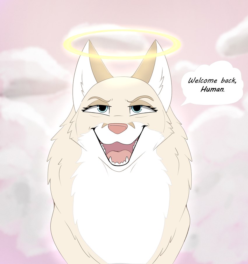 blue_eyes female feral fur halo heaven simple_background smile solo speech_bubble tongue kaze~inu nirah_(feral_frenzy) angel canid canine celestial_being fox mammal digital_media_(artwork) headshot_portrait hi_res portrait