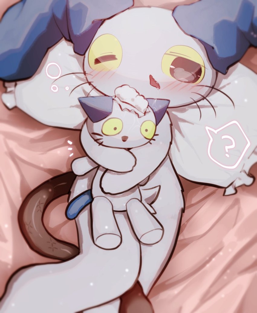 bed_sheet bedding cushion holding_object holding_plushie living_tail looking_at_viewer one_eye_closed pillow plushie snake_tail solo tail unusual_anatomy unusual_tail yellow_sclera aiue1o4 neko_no_teach-kun oyasaioni9 sam_(neko_no_teach-kun) lagomorph leporid mammal rabbit reptile scalie snake hi_res