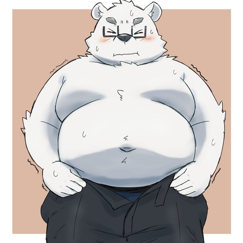 anthro belly big_belly black_nose blush bodily_fluids bottomwear clothing eyes_closed eyewear glasses kemono male moobs navel overweight overweight_male pants simple_background solo sweat white_body yaki_atsuage bear mammal polar_bear ursine 1:1 2023 hi_res