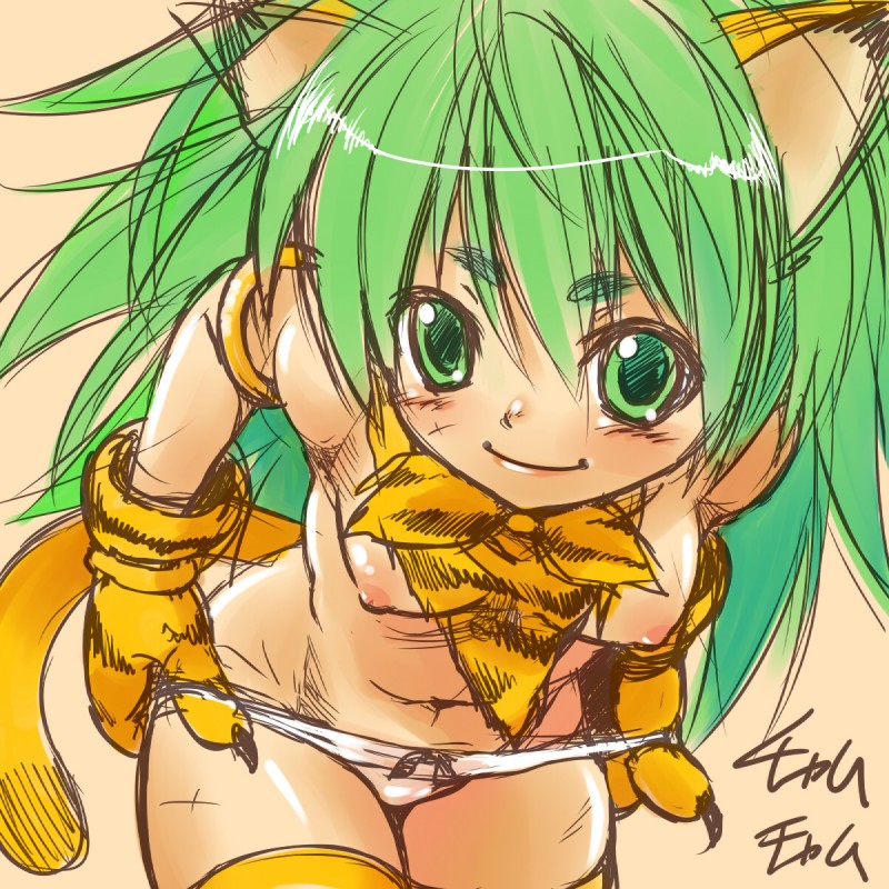 blush breasts clothed clothing female green_eyes green_hair hair looking_at_viewer navel nipples panties pink_background simple_background small_breasts solo topless underwear qtron samurai_shodown cham_cham animal_humanoid cat_humanoid felid felid_humanoid feline feline_humanoid humanoid mammal mammal_humanoid 1:1 2010 hi_res