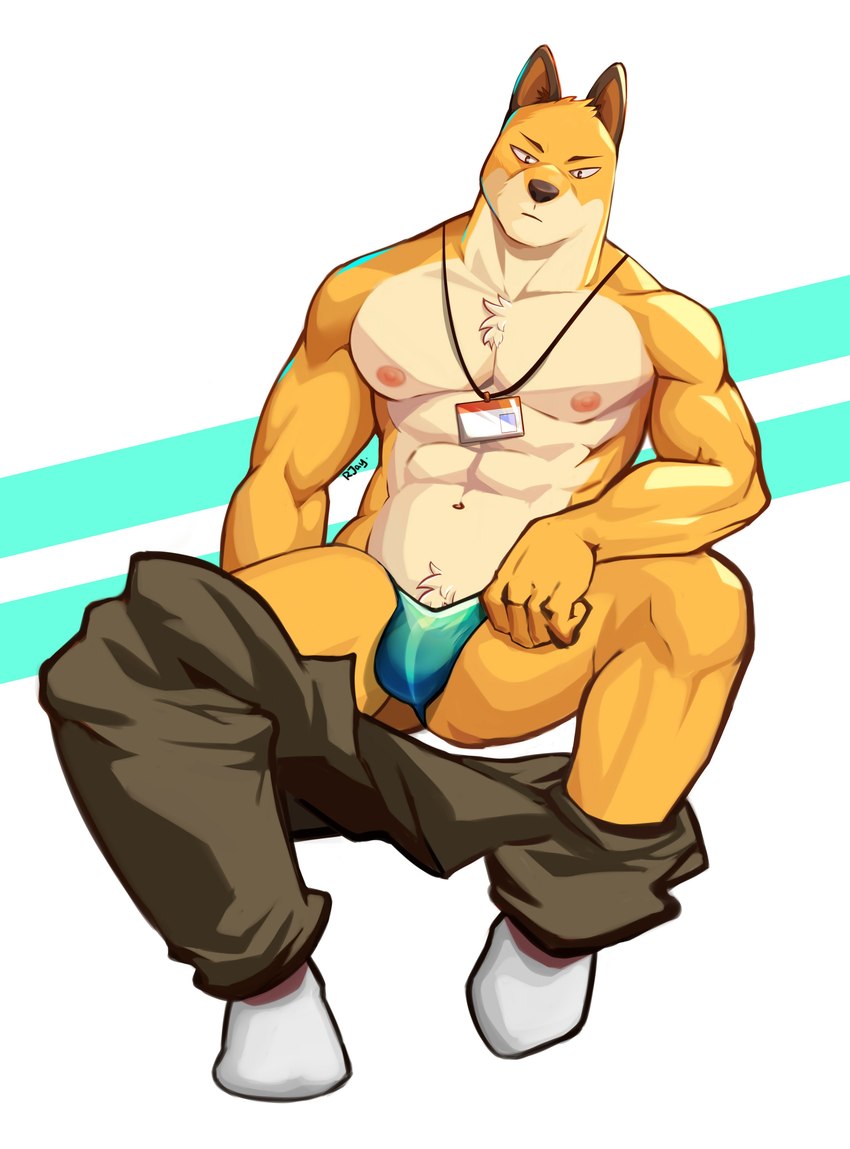 abs anthro belly_tuft bottomwear bottomwear_down bulge chest_tuft clothed clothing footwear male muscular muscular_anthro muscular_male name_tag navel neckwear nipples pants pants_down partially_clothed pecs simple_background sitting socks solo thong tuft underwear rjay_owo odd_taxi fuyuki_yamamoto_(odd_taxi) canid canine fox mammal 2021 absurd_res artist_name hi_res