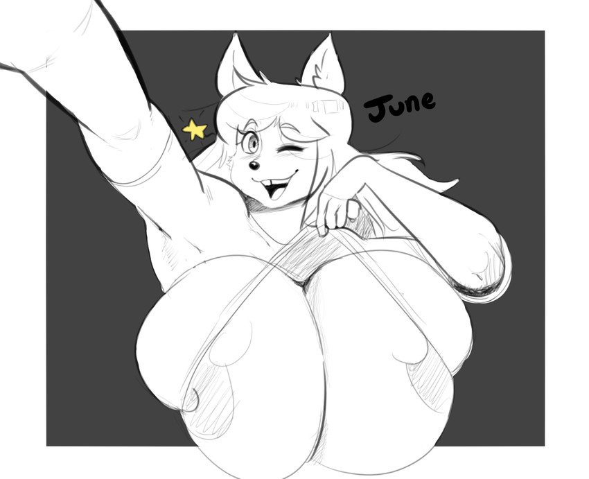 anthro areola big_breasts breasts clothed clothing clothing_lift female huge_breasts mature_anthro mature_female nipple_slip nipples one_eye_closed shirt shirt_lift solo topwear wink pokebii june_(jinu) canid canine canis domestic_dog mammal shiba_inu spitz hi_res monochrome