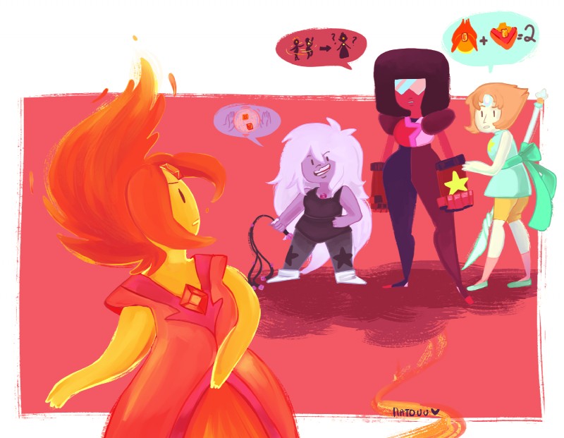 amethyst, flame princess, garnet, and pearl (cartoon network and etc) created by natouu