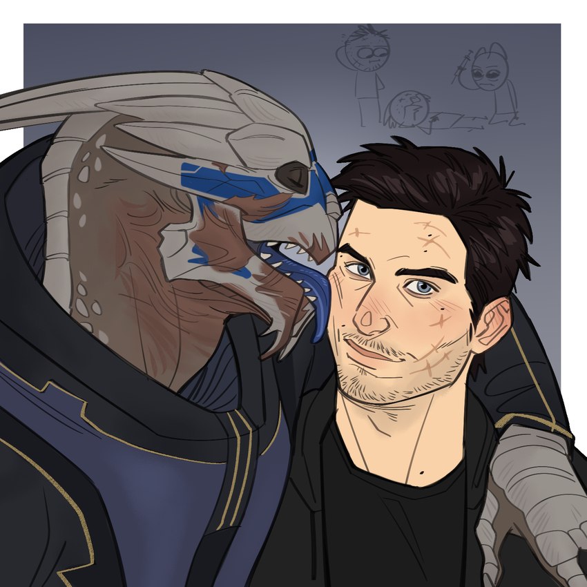 arm_around_shoulders blue_eyes blue_tongue bodypaint cheek_lick clothed clothing duo eyes_closed face_lick face_paint facial_scar hair licking looking_at_viewer male male/male open_mouth scar stick_figure stubble syringe teeth tongue tongue_out x_eyes p.sin bioware electronic_arts mass_effect commander_shepard garrus_vakarian mordin_solus alien human mammal salarian turian 1:1 hi_res multiple_images