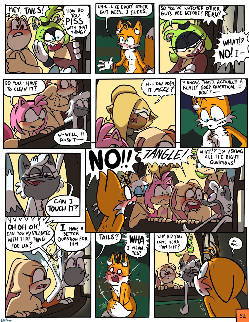 2_tails anthro blue_eyes blue_eyeshadow blush breasts clothed clothing covering covering_breasts covering_crotch covering_self dialogue eyeshadow female fur genitals group makeup male male/female multi_tail nude penis shaking tail text yellow_body yellow_fur theenfman idw_publishing sega sonic_the_hedgehog_(comics) sonic_the_hedgehog_(idw) sonic_the_hedgehog_(series) amy_rose cream_the_rabbit miles_prower rouge_the_bat surge_the_tenrec tangle_the_lemur afrosoricid bat canid canine eulipotyphlan fox hedgehog lagomorph lemur leporid mammal primate rabbit strepsirrhine tenrec comic english_text hi_res