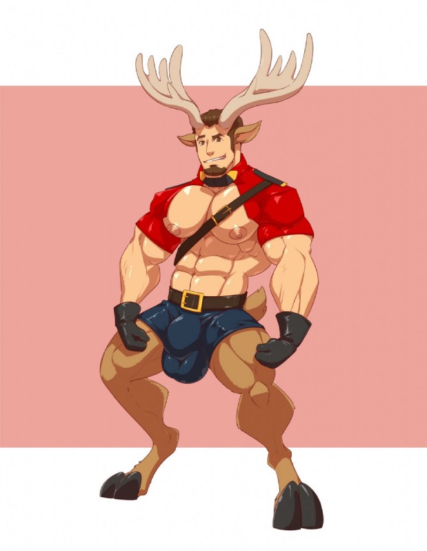 after_transformation anthro antlers big_muscles clothing cloven_hooves confusion facial_hair hooves horn implied_transformation male muscular muscular_anthro muscular_male nipples solo surprise surprise_transformation torn_clothing transformation unguligrade kartos deer humanoid mammal moose new_world_deer satyr hi_res