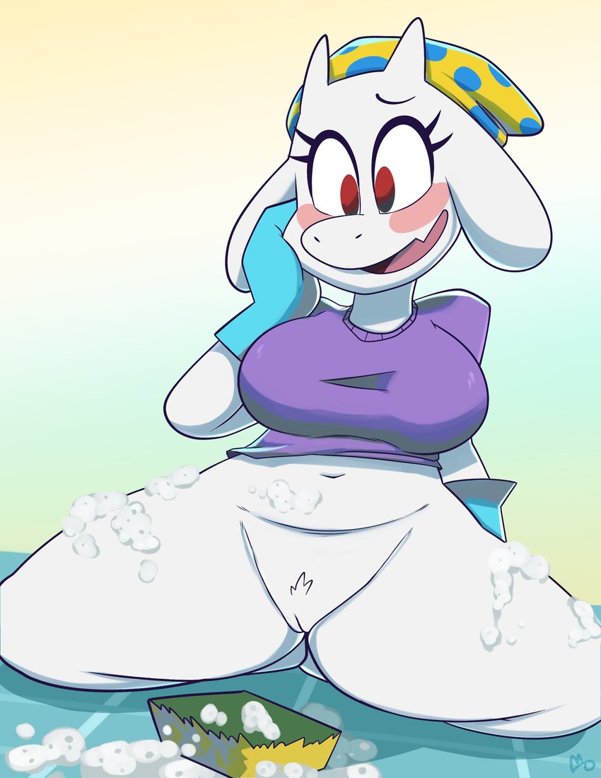 anthro blush bottomless breasts clothed clothing crotch_tuft eyelashes female fur genitals gloves handwear kneeling navel pussy shirt solo sponge spread_legs spreading topwear tuft white_body white_fur monamania undertale_(series) toriel bovid caprine goat mammal 2022 absurd_res hi_res