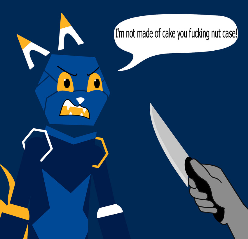 ambiguous_gender angry anthro bared_teeth blue_background blue_body duo knife mascot open_mouth profanity showing_teeth simple_background speech_bubble text weapon redcrystal e621 these_are_all_cakes anon esix felid mammal 2020 english_text hi_res lineless meme reaction_image