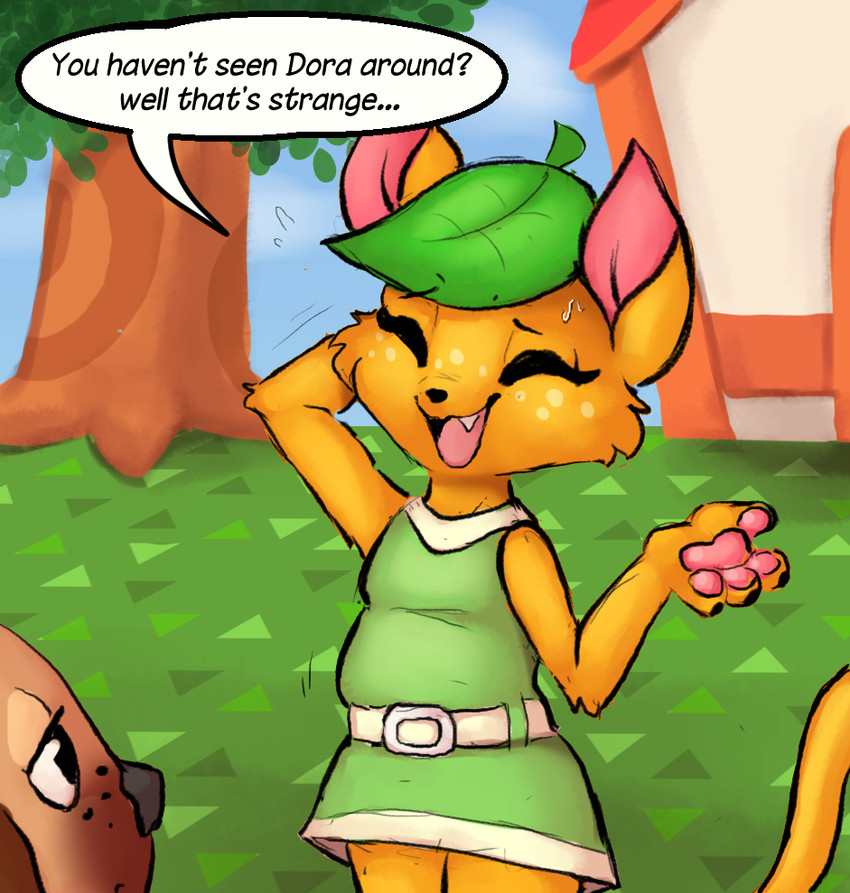 anthro claws clothed clothing duo eyelashes fangs female finger_claws freckled_face freckles leaf leaf_hair long_eyelashes male motion_lines pawpads paws plant plant_hair pseudo_hair teeth text muhny animal_crossing nintendo bea_(animal_crossing) tangy_(animal_crossing) canid canine canis domestic_cat domestic_dog felid feline felis mammal english_text