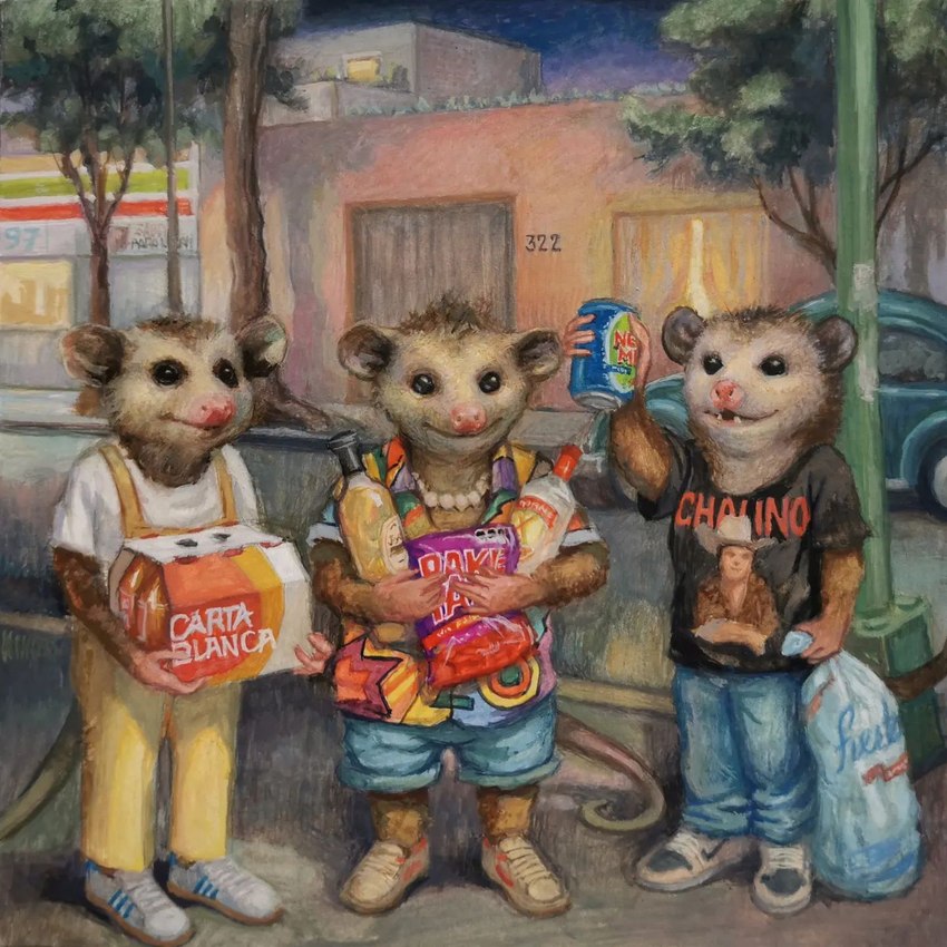 alcohol anthro beer beverage biped bottomwear car chips_(food) clothing detailed_background food group night outside pants plant shirt shorts topwear tree vehicle joaquincarre american_opossum mammal marsupial virginia_opossum 1:1 2023 hi_res