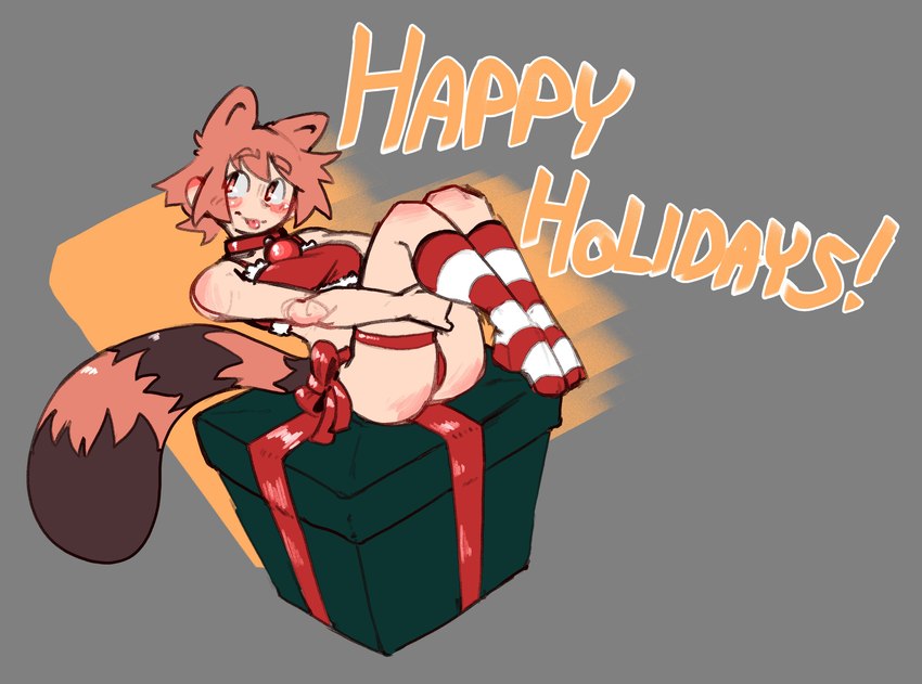 blush breasts christmas_clothing clothed clothed_female clothed_humanoid clothing eyebrows female female_humanoid footwear gift gift_wrapped grey_background hair holidays legwear light_body light_skin markings orange_ears orange_hair orange_text pattern_clothing pattern_footwear pattern_legwear pattern_socks red_clothing red_topwear ring_(marking) ringed_tail simple_background socks solo striped_clothing striped_footwear striped_markings striped_socks striped_tail stripes tail tail_markings text tongue tongue_out topwear derpyfox_36 christmas mona_(derpyfox_36) animal_humanoid canid canid_humanoid canine canine_humanoid humanoid mammal mammal_humanoid tanuki_humanoid 2022 absurd_res digital_drawing_(artwork) digital_media_(artwork) english_text full-length_portrait hi_res portrait