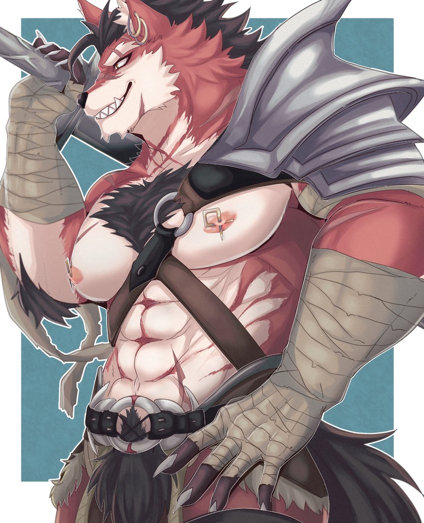 anthro bandage claws fur male muscular muscular_anthro muscular_male nipple_piercing nipples piercing red_body red_fur solo white_body white_fur izm_rm7 mythology lee_(zark) canid canine canis mammal mythological_canine mythological_creature werecanid werecanine werecreature werewolf wolf hi_res