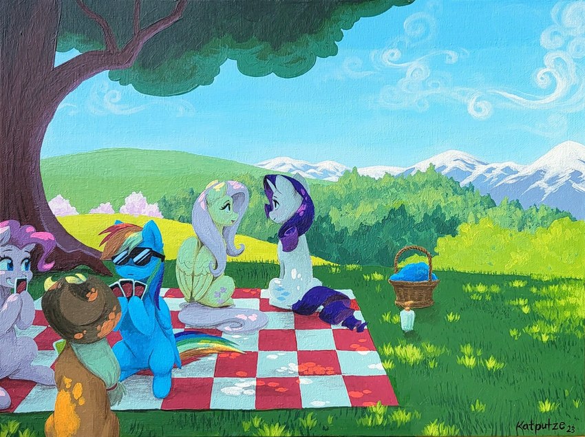 basket canvas canvas_texture container eyewear female feral grass group horn picnic picnic_basket picnic_blanket plant quadruped sitting sunglasses uno_card wings katputze friendship_is_magic hasbro my_little_pony mythology uno applejack_(mlp) fluttershy_(mlp) pinkie_pie_(mlp) rainbow_dash_(mlp) rarity_(mlp) earth_pony equid equine horse mammal mythological_creature mythological_equine pegasus pony unicorn acrylic_painting_(artwork) hi_res painting_(artwork) traditional_media_(artwork) traditional_painting_(artwork)