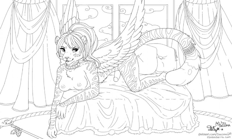 bed bedroom breasts cloud collar coloring_page curtains feathers furniture genitals gynomorph hair intersex penis ponytail pose solo spikes staff text wings tacoma tacoma_(character) angel felid mammal pantherine tiger 5:3 digital_drawing_(artwork) digital_media_(artwork) line_art monochrome pinup url