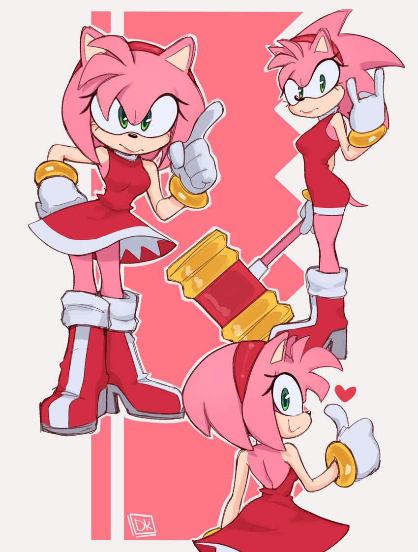 5_fingers accessory anthro boots breasts clothing female fingers footwear gesture gloves hair_accessory hairband hammer hand_gesture handwear looking_at_viewer multiple_poses piko_piko_hammer pose shoes simple_background smile solo thumbs_up tools dkajart sega sonic_the_hedgehog_(series) amy_rose eulipotyphlan hedgehog mammal 2025 absurd_res hi_res signature