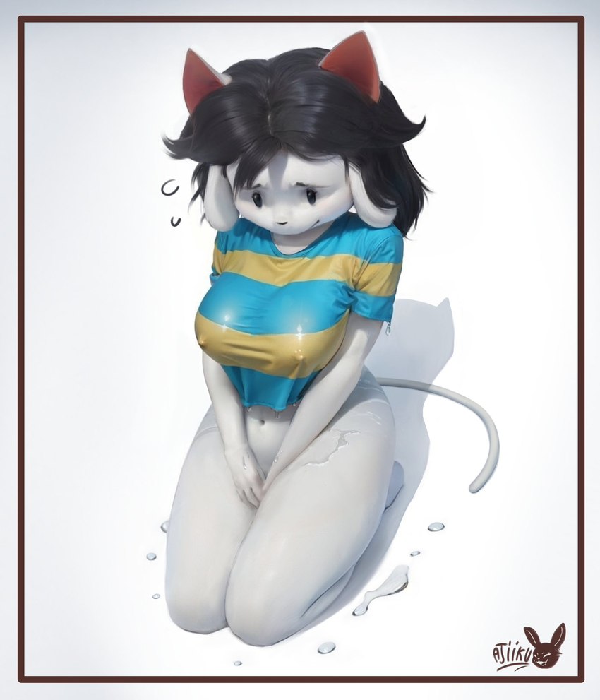 anthro bottomless breasts clothed clothing covering covering_crotch covering_pussy embarrassed female kneeling navel nipple_outline simple_background solo topwear wet wet_clothing wet_topwear white_background ajiikuo undertale undertale_(series) temmie_(undertale) tem hi_res