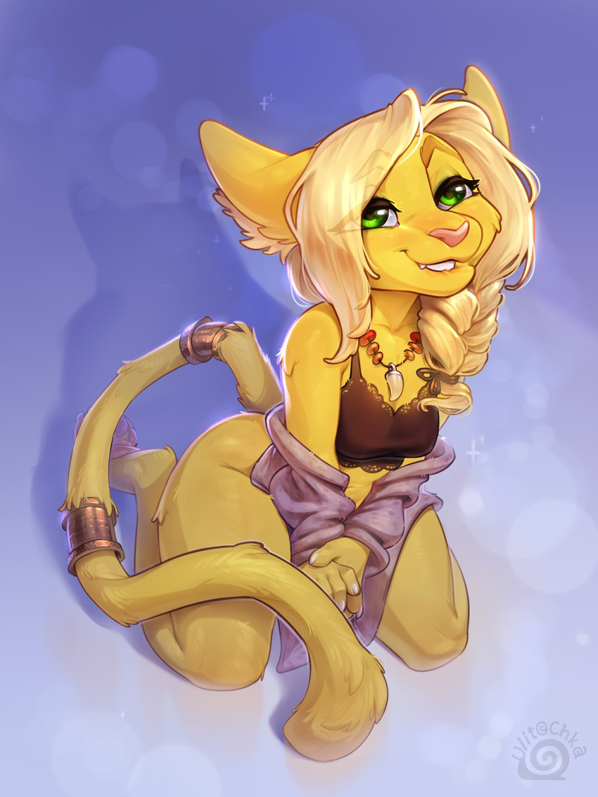 anthro biped bottomless bra breasts clothed clothing eyebrows eyelashes feet female fingers fur green_eyes kneeling orange_body pink_nose solo toes underwear yellow_body yellow_fur ulitochka meowfacemcgee domestic_cat felid feline felis mammal 2019 3:4 digital_media_(artwork) hi_res