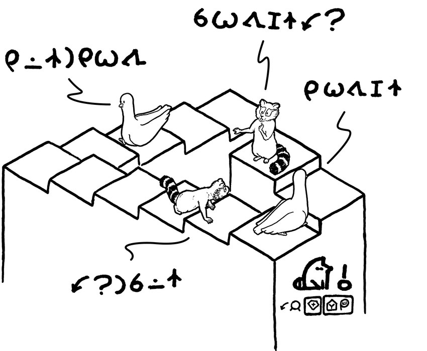 ambiguous_gender anthro dialogue duo feral humor impossible_geometry optical_illusion penrose_stairs semi-anthro stairs text walking jan_ke_tami cc-by creative_commons kijetesantakalu_o kijetesantakalu_(kijetesantakalu_o) waso_(kijetesantakalu_o) avian bird columbid mammal pigeon procyonid raccoon absurd_res artist_name comic constructed_language hi_res monochrome one_panel_comic sitelen_pona toki_pona_text translated