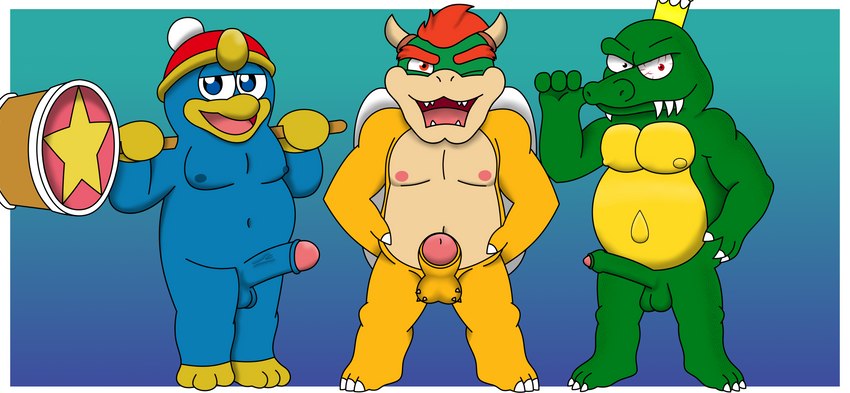 anthro bloodshot_eyes crown crown_only feet genitals green_body group hair hammer headgear horn humanoid_genitalia humanoid_penis male nipples nude overweight overweight_male penis simple_background spiky_balls tools trio reggie_rakun donkey_kong_(series) kirby_(series) mario_bros nintendo bowser king_dedede king_k._rool avian bird crocodile crocodilian koopa kremling penguin reptile scalie turtle absurd_res hi_res