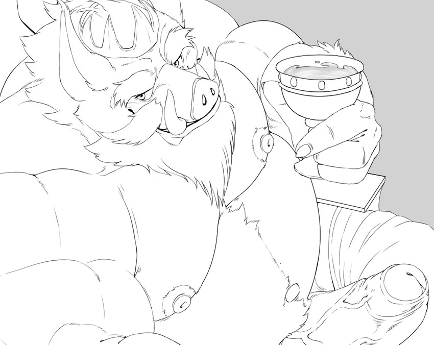 anthro beard belly beverage big_penis container crown cup erection facial_hair genitals goblet headgear humanoid_hands male moobs mustache navel nipples overweight overweight_anthro overweight_male penis solo tusks taighet_28 mammal suid suine sus_(pig) wild_boar 2020 monochrome